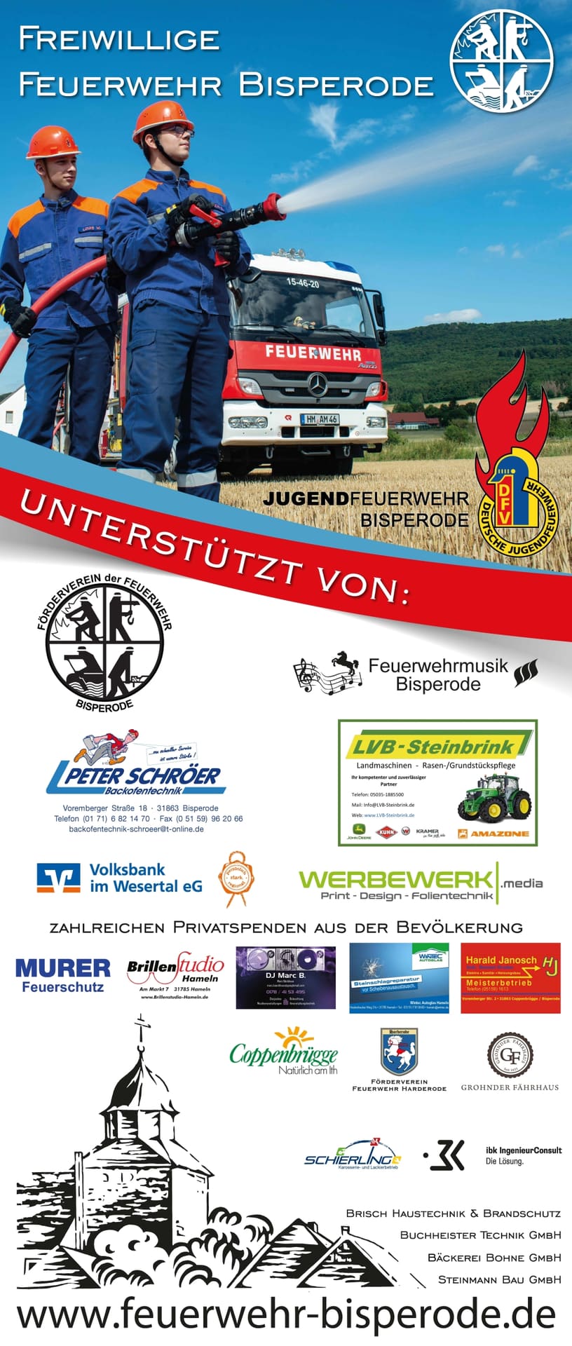 Werbebanner der Feuerwehr Bisperode mit den Logos aller Sponsoren des Mannschaftstransportwagens
